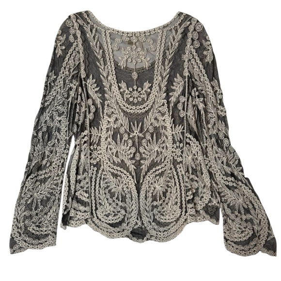 Embroidered Mesh Long Sleeve Top XL Black White Whimsigoth Fairy Boho Floral - Picture 3 of 3